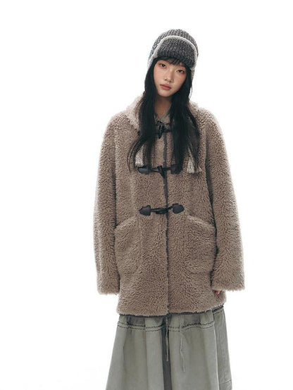 NAPSNAPS Gray Brown Shearling Suede Patch Toggle Scarf Women&