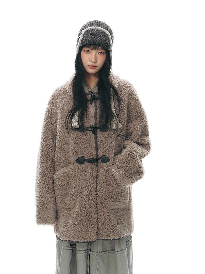 NAPSNAPS Gray Brown Shearling Suede Patch Toggle Scarf Women&