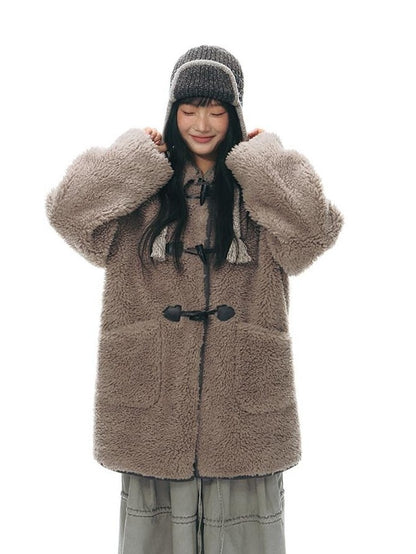 NAPSNAPS Gray Brown Shearling Suede Patch Toggle Scarf Women&