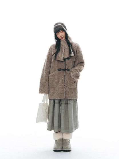 NAPSNAPS Gray Brown Shearling Suede Patch Toggle Scarf Women&