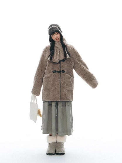 NAPSNAPS Gray Brown Shearling Suede Patch Toggle Scarf Women&