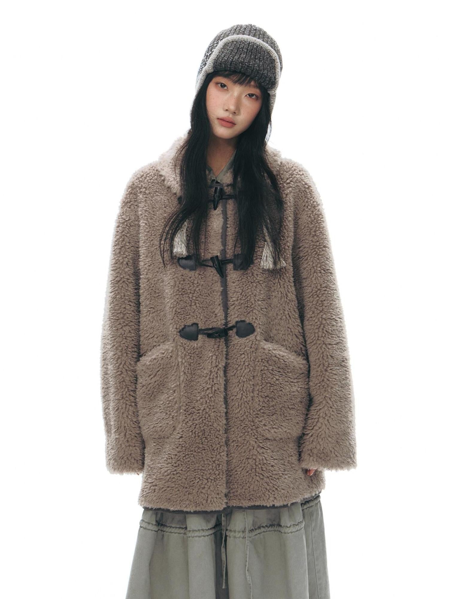 NAPSNAPS Gray Brown Shearling Suede Patch Toggle Scarf Women&