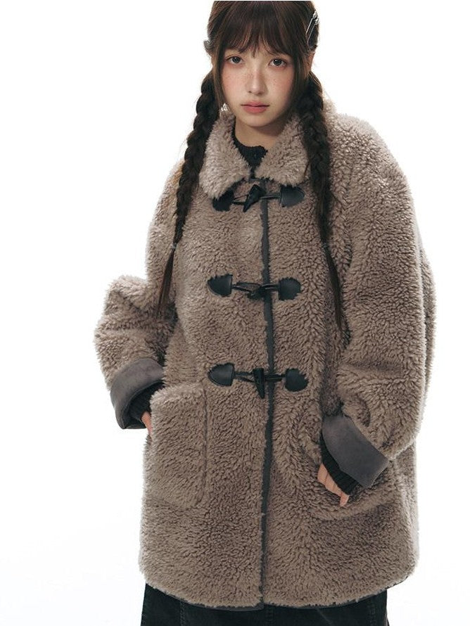 NAPSNAPS Gray Brown Shearling Suede Patch Toggle Scarf Women&