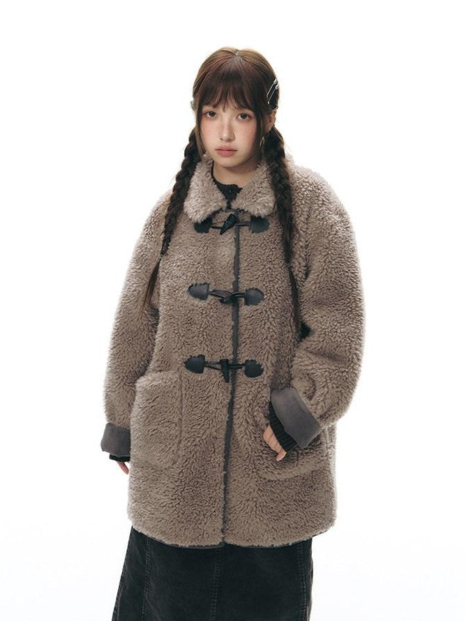 NAPSNAPS Gray Brown Shearling Suede Patch Toggle Scarf Women&