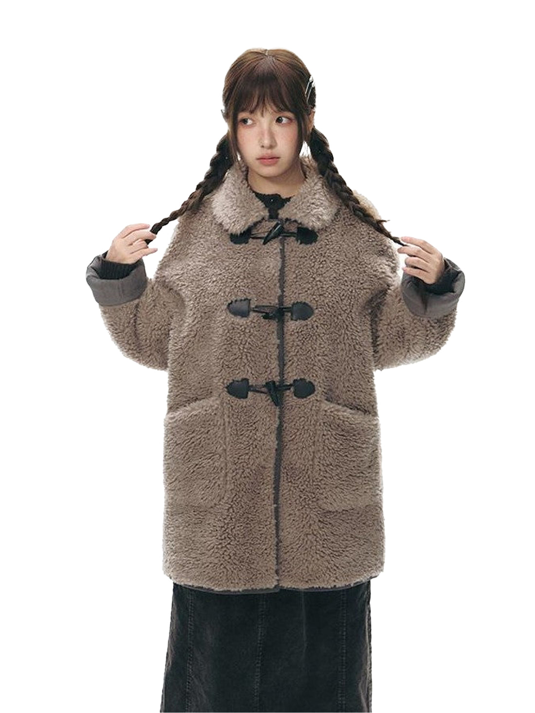 NAPSNAPS Gray Brown Shearling Suede Patch Toggle Scarf Women&