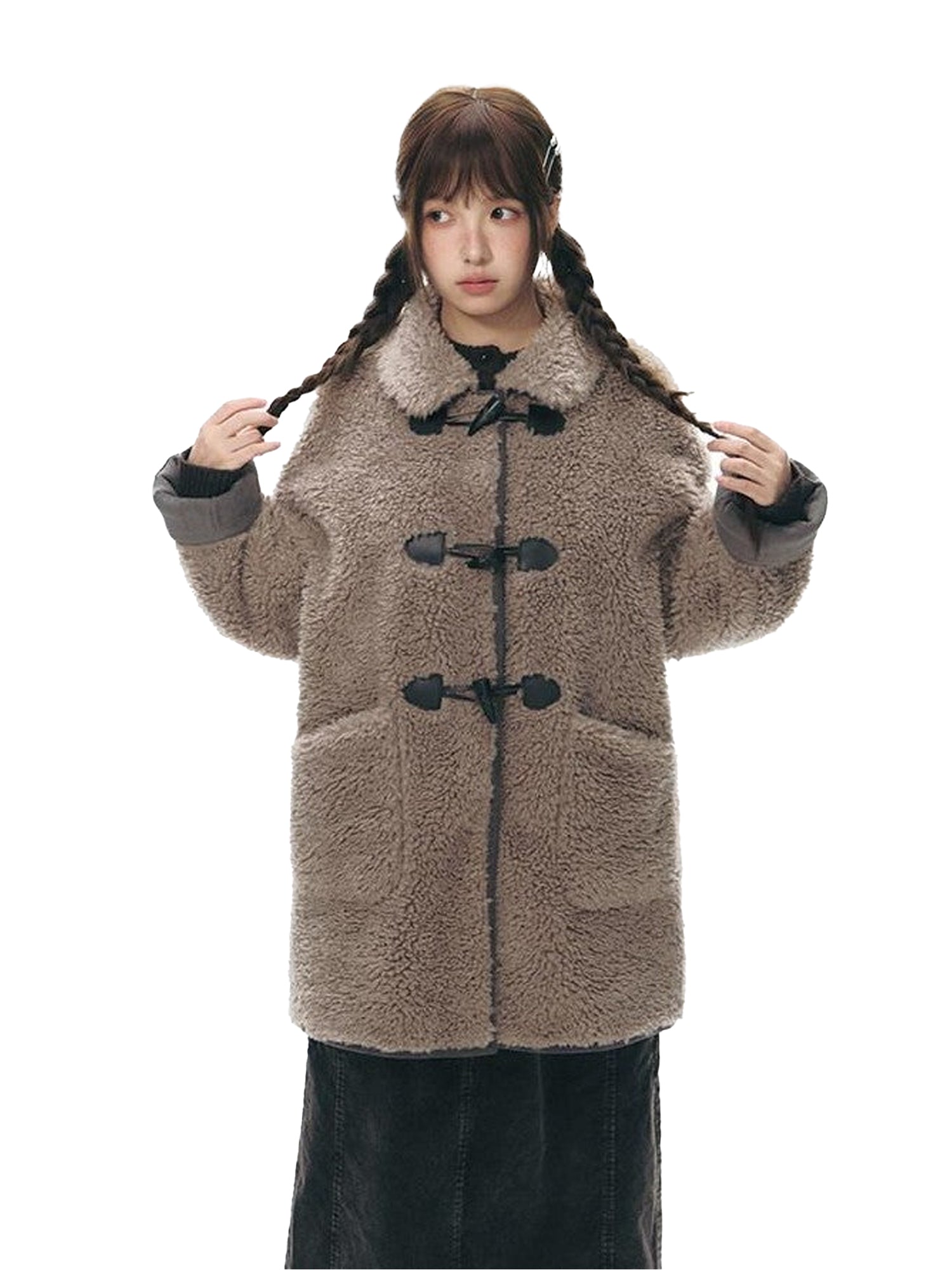 NAPSNAPS Gray Brown Shearling Suede Patch Toggle Scarf Women&