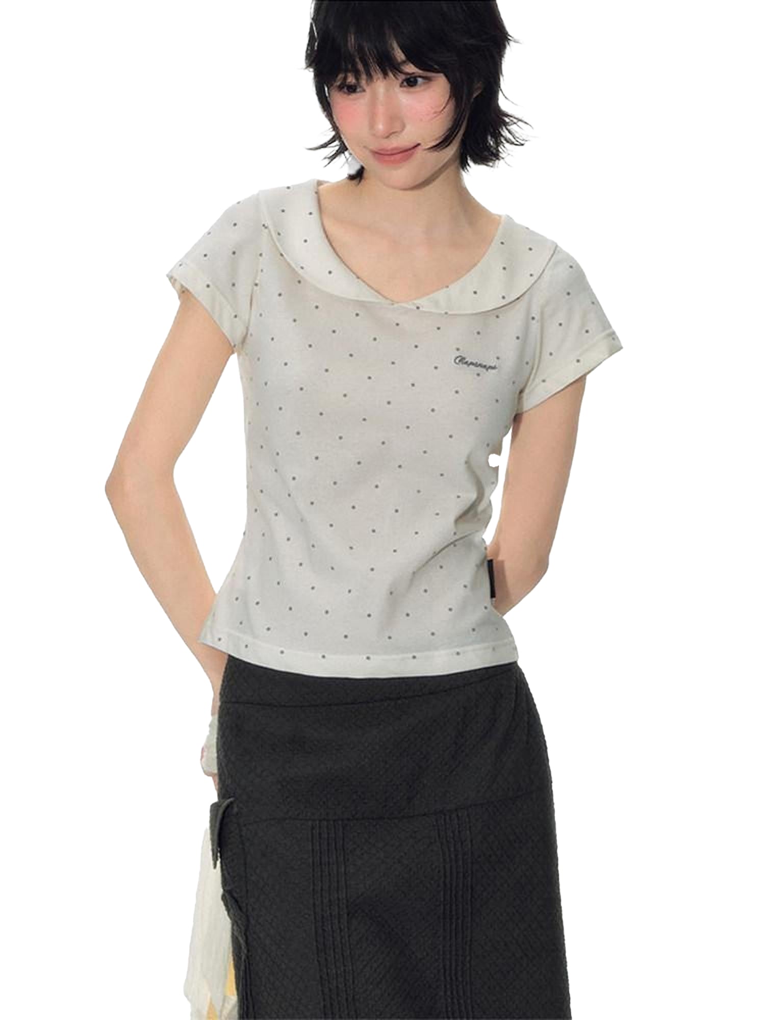 NAPSNAPS Gray Embroidered Polka Doll Collar Slim Waist Women&