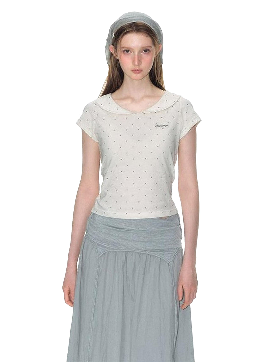 NAPSNAPS Gray Embroidered Polka Doll Collar Slim Waist Women&