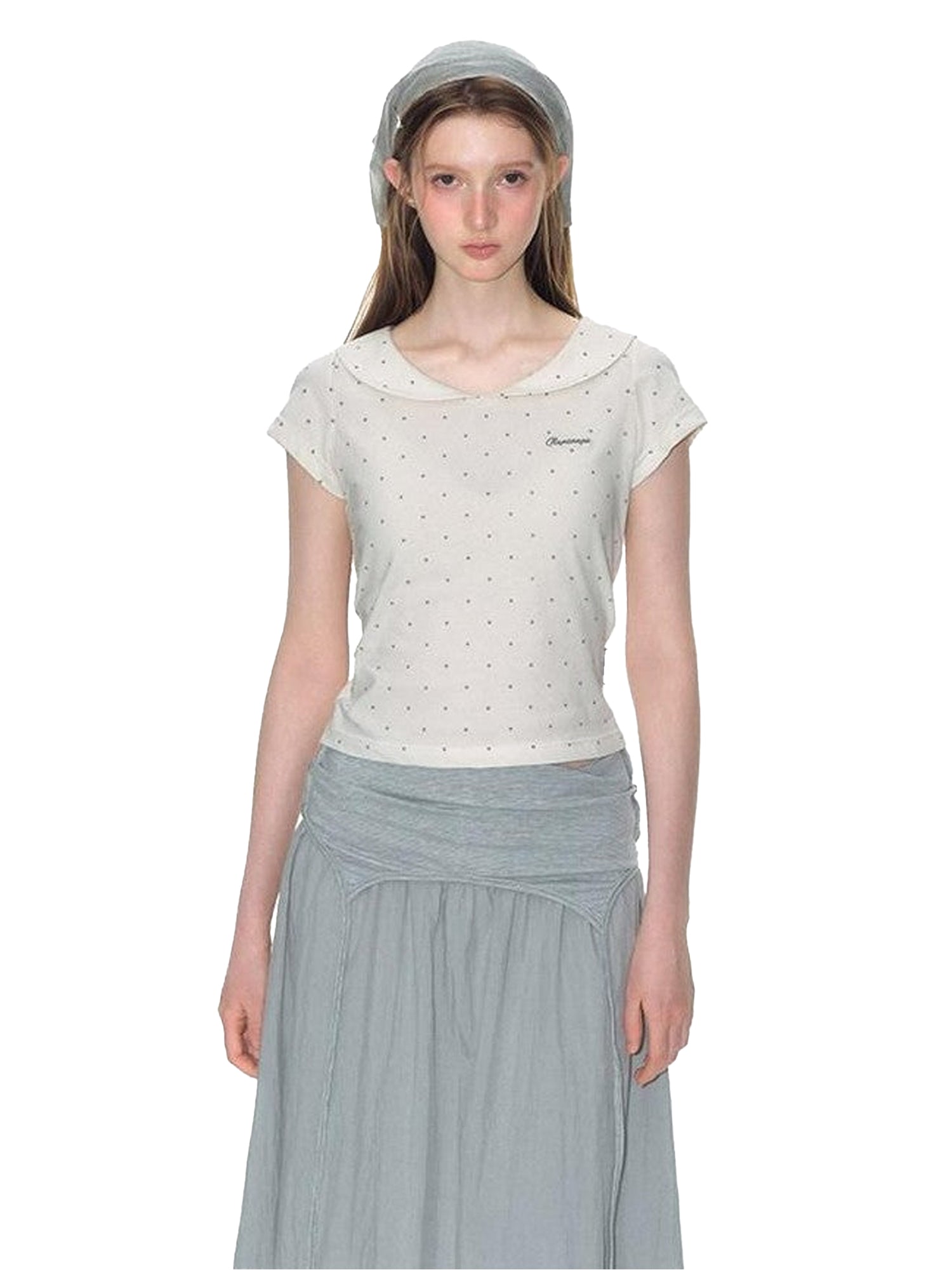 NAPSNAPS Gray Embroidered Polka Doll Collar Slim Waist Women&