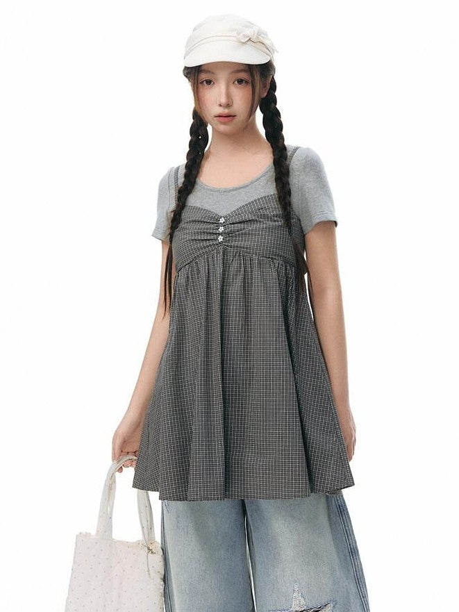 NAPSNAPS Gray Khaki Plaid Faux Layered Women&