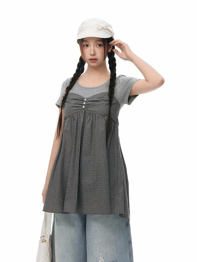 NAPSNAPS Gray Khaki Plaid Faux Layered Women&