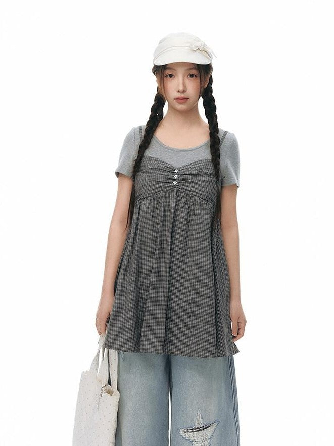 NAPSNAPS Gray Khaki Plaid Faux Layered Women&