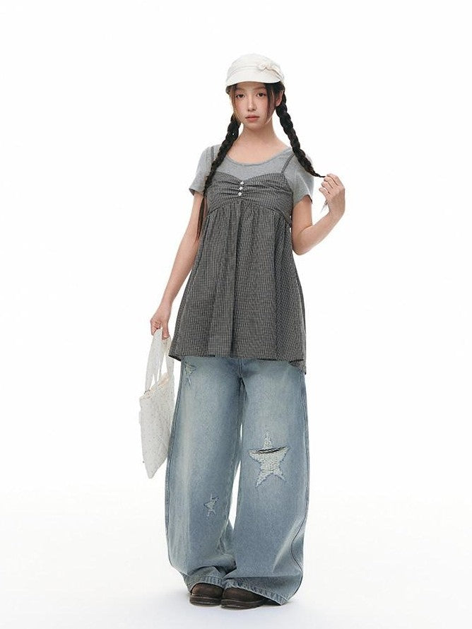 NAPSNAPS Gray Khaki Plaid Faux Layered Women&
