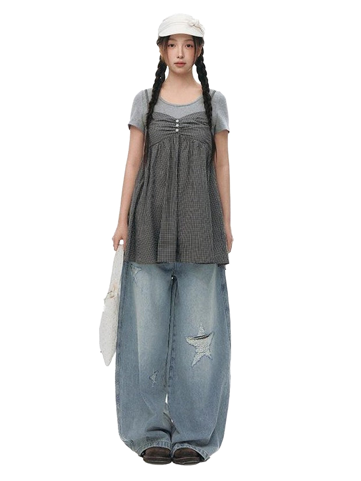 NAPSNAPS Gray Khaki Plaid Faux Layered Women&