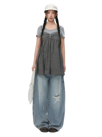 NAPSNAPS Gray Khaki Plaid Faux Layered Women&