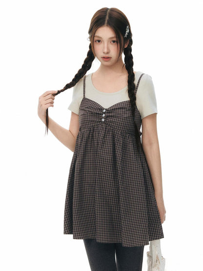NAPSNAPS Gray Khaki Plaid Faux Layered Women&