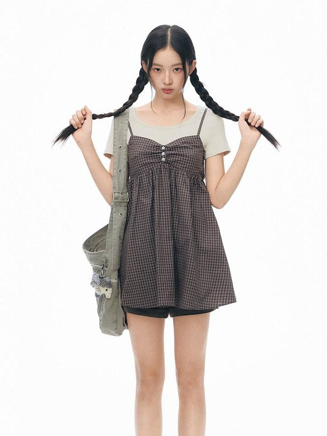 NAPSNAPS Gray Khaki Plaid Faux Layered Women&