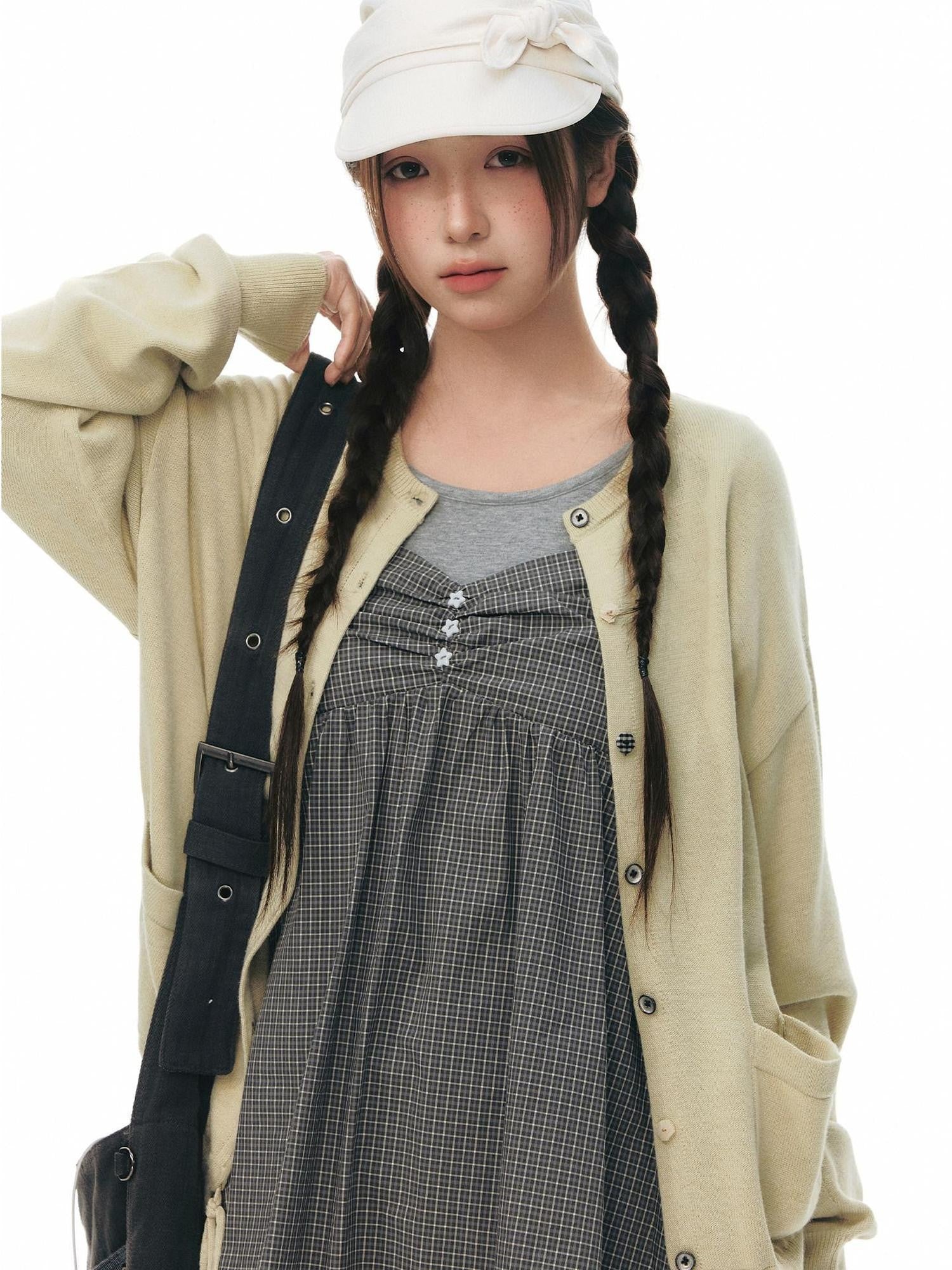 NAPSNAPS Gray Khaki Plaid Faux Layered Women&