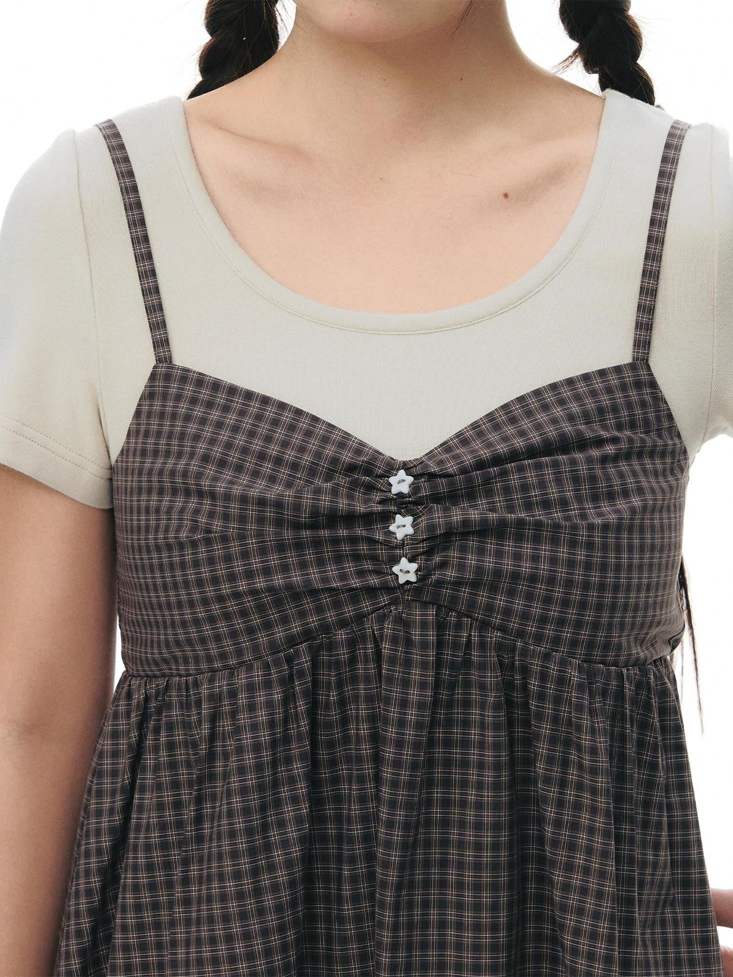 NAPSNAPS Gray Khaki Plaid Faux Layered Women&