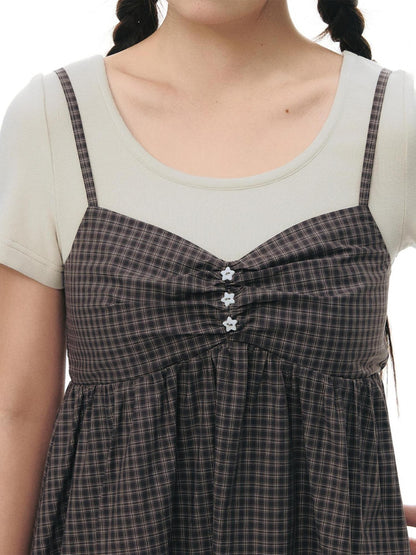 NAPSNAPS Gray Khaki Plaid Faux Layered Women&