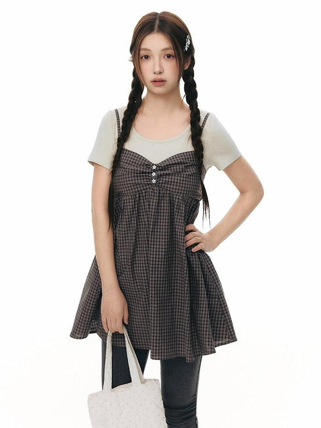 NAPSNAPS Gray Khaki Plaid Faux Layered Women&