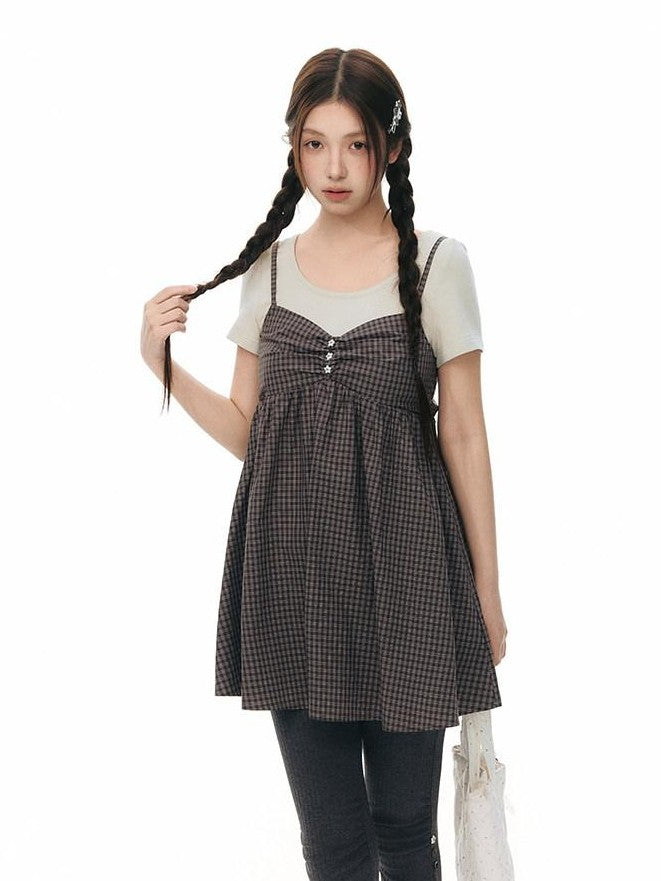 NAPSNAPS Gray Khaki Plaid Faux Layered Women&