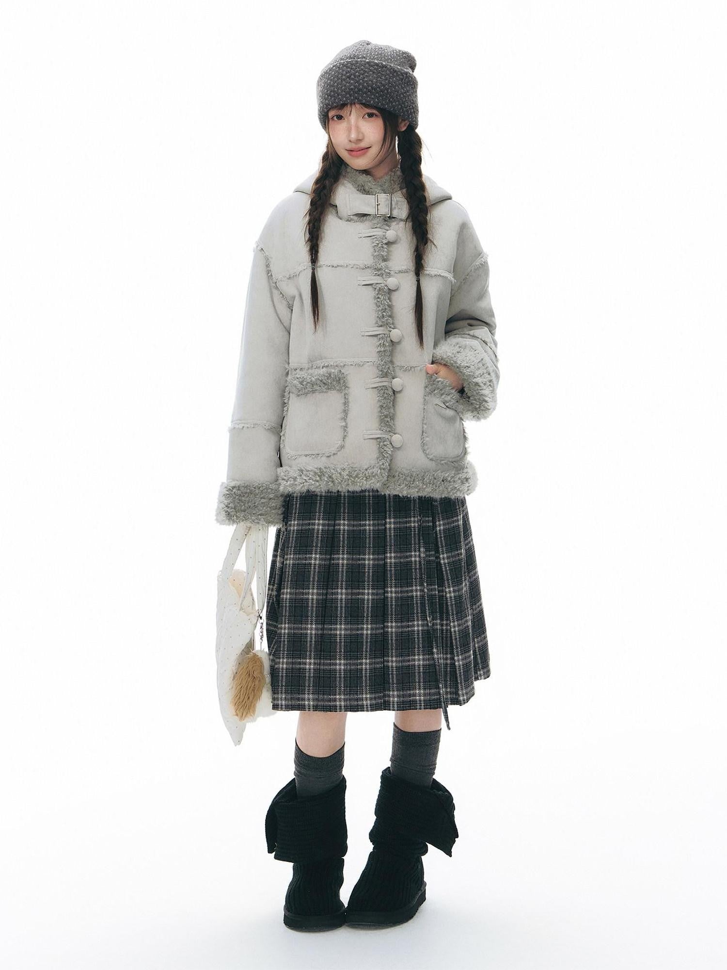 NAPSNAPS Gray Plaid Double Waist Tie Tweed Women&