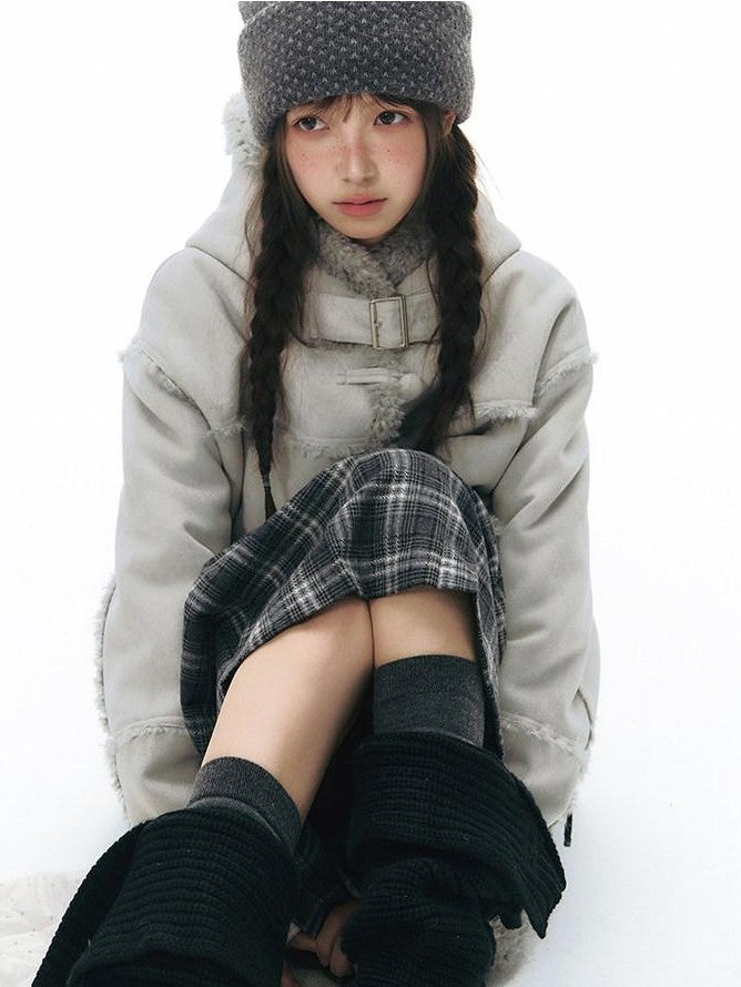 NAPSNAPS Gray Plaid Double Waist Tie Tweed Women&
