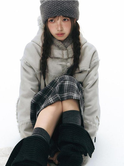 NAPSNAPS Gray Plaid Double Waist Tie Tweed Women&