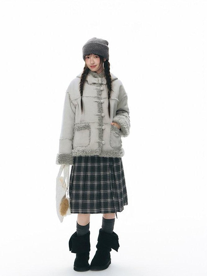 NAPSNAPS Gray Plaid Double Waist Tie Tweed Women&