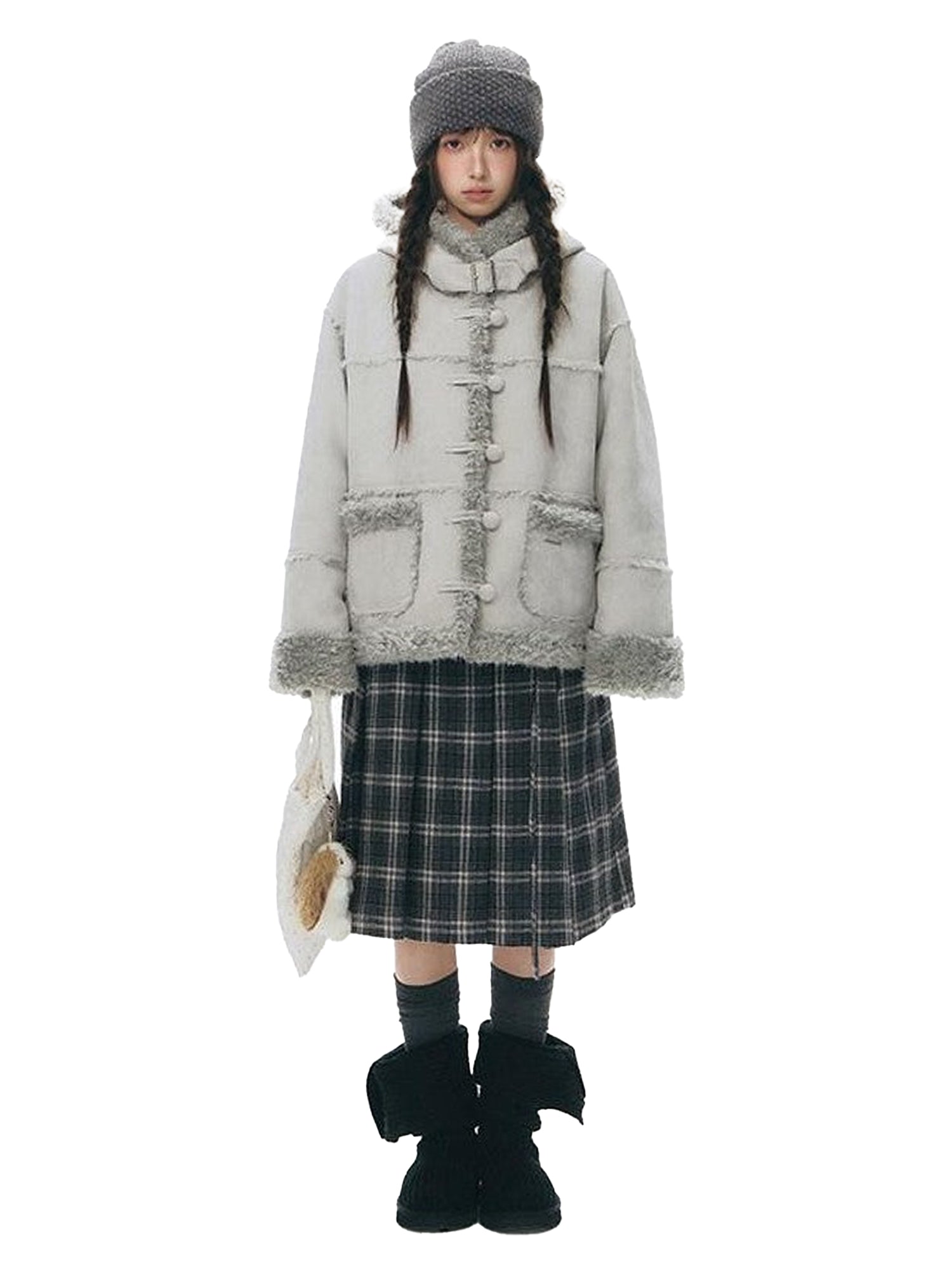 NAPSNAPS Gray Plaid Double Waist Tie Tweed Women&