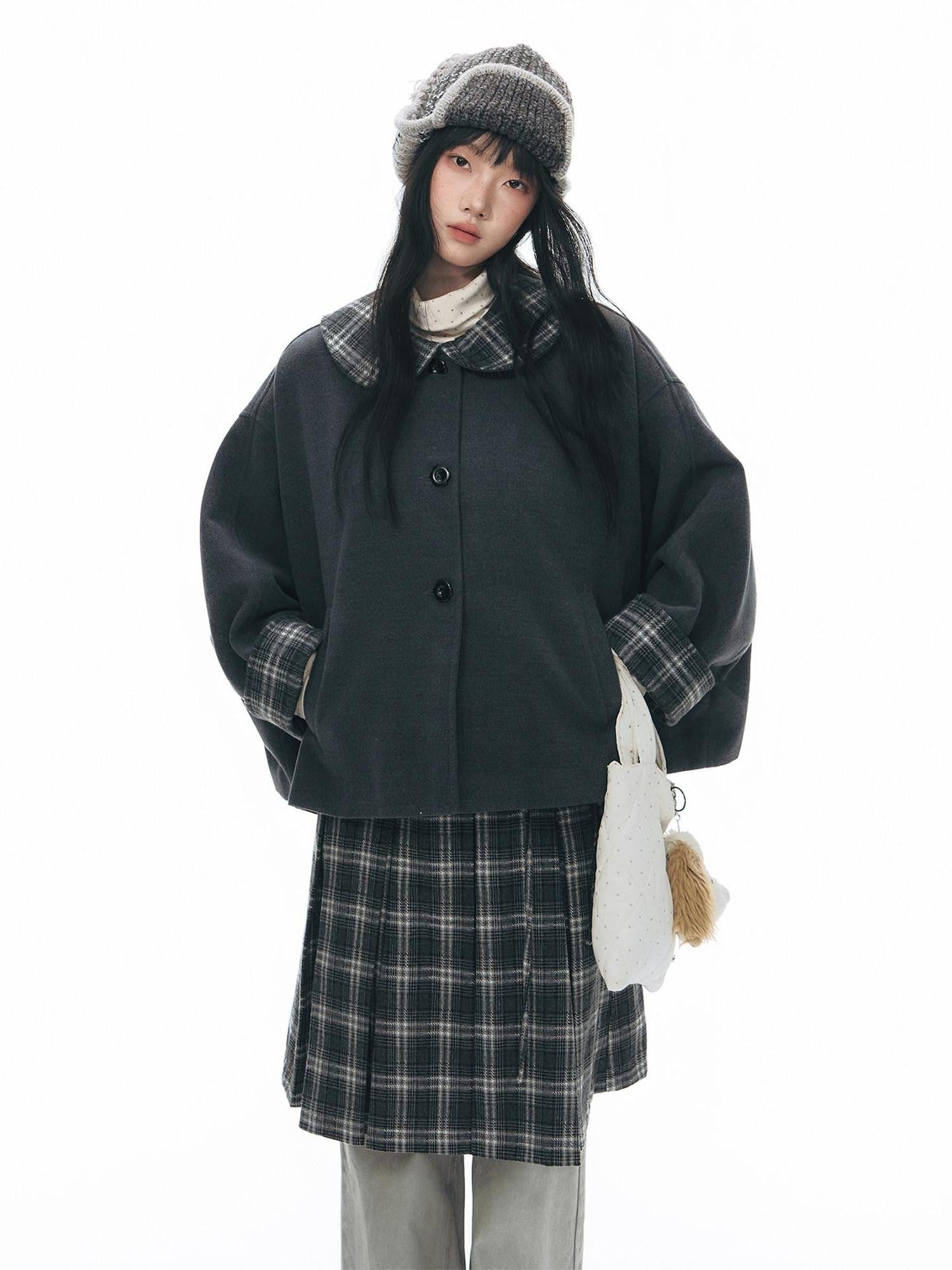 NAPSNAPS Gray Plaid Double Waist Tie Tweed Women&