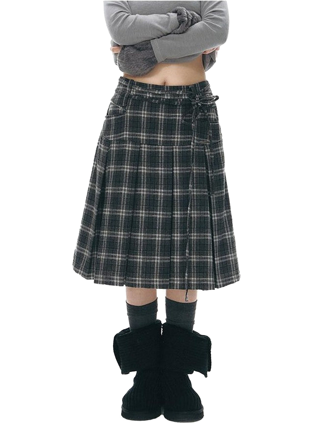 NAPSNAPS Gray Plaid Double Waist Tie Tweed Women&