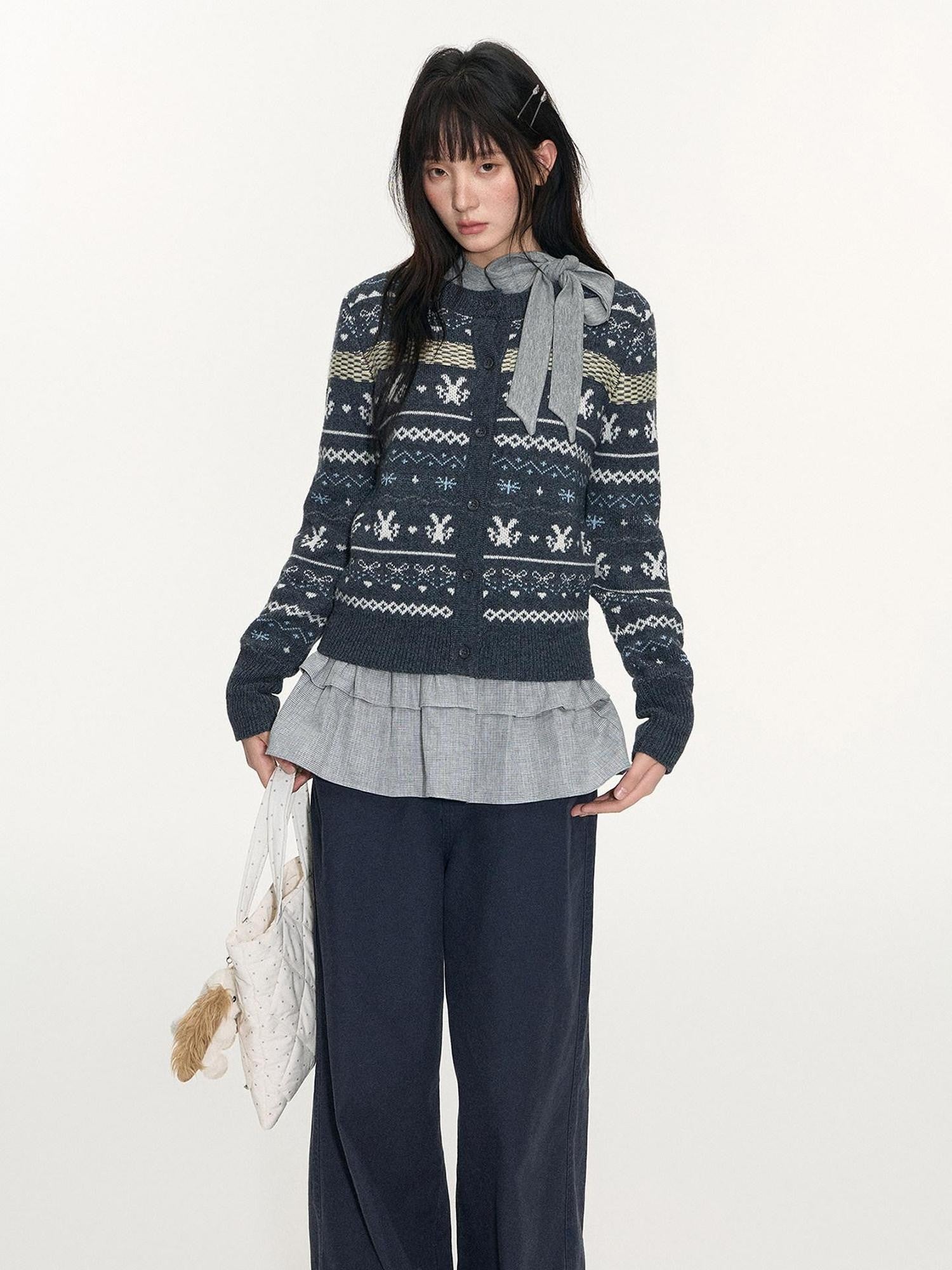 NAPSNAPS Gray Plaid Patchwork High Neck Tie Double Layer Women&