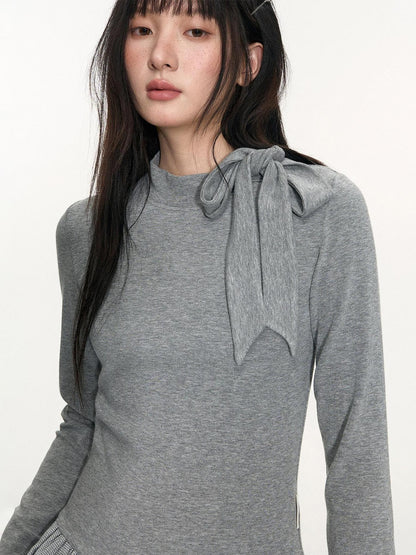 NAPSNAPS Gray Plaid Patchwork High Neck Tie Double Layer Women&