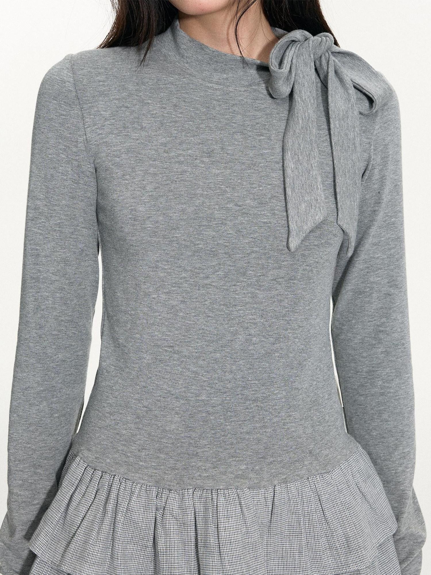 NAPSNAPS Gray Plaid Patchwork High Neck Tie Double Layer Women&