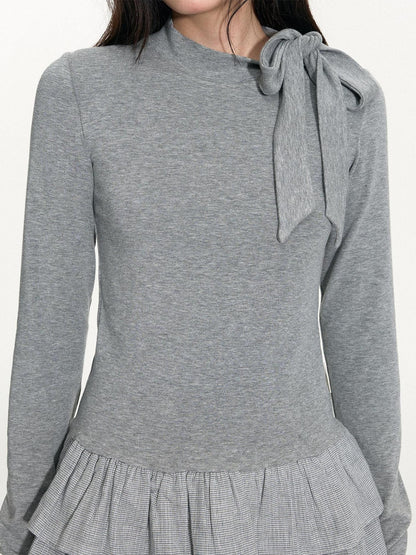 NAPSNAPS Gray Plaid Patchwork High Neck Tie Double Layer Women&