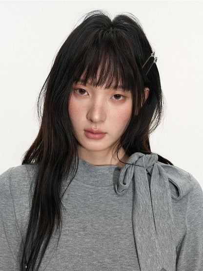 NAPSNAPS Gray Plaid Patchwork High Neck Tie Double Layer Women&