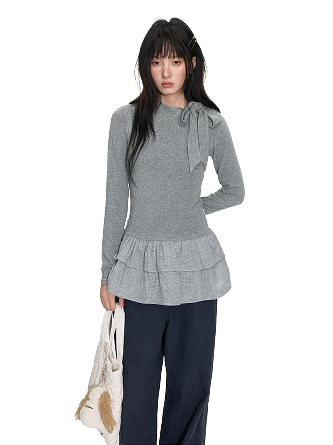 NAPSNAPS Gray Plaid Patchwork High Neck Tie Double Layer Women&