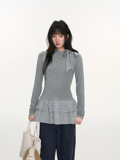 NAPSNAPS Gray Plaid Patchwork High Neck Tie Double Layer Women&