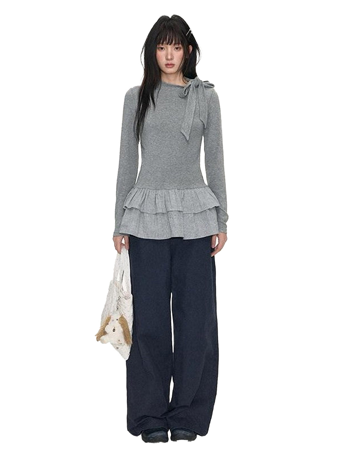 NAPSNAPS Gray Plaid Patchwork High Neck Tie Double Layer Women&