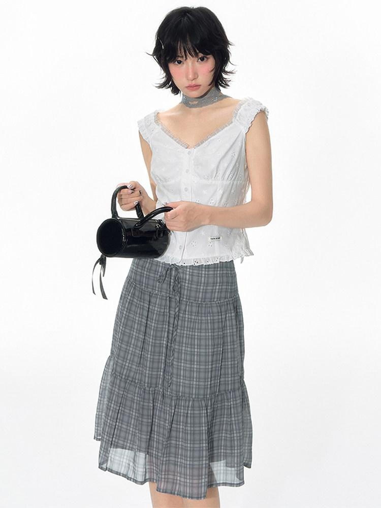 NAPSNAPS Gray Purple Plaid Tulle Spliced A Line Women&