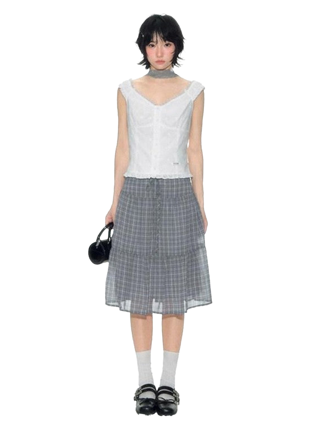 NAPSNAPS Gray Purple Plaid Tulle Spliced A Line Women&