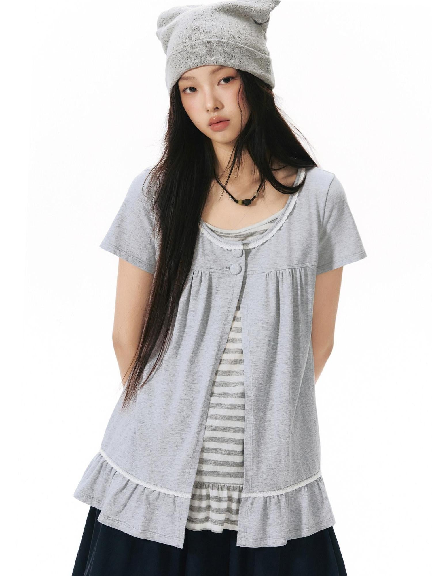 NAPSNAPS Gray Ruffle Spliced Faux Two Piece Women&