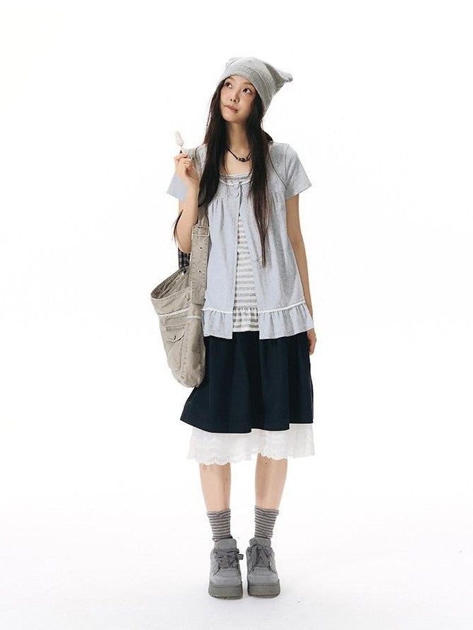 NAPSNAPS Gray Ruffle Spliced Faux Two Piece Women&