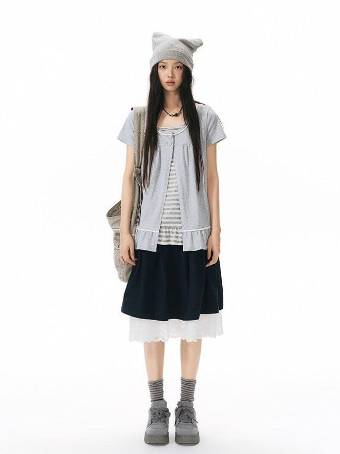 NAPSNAPS Gray Ruffle Spliced Faux Two Piece Women&