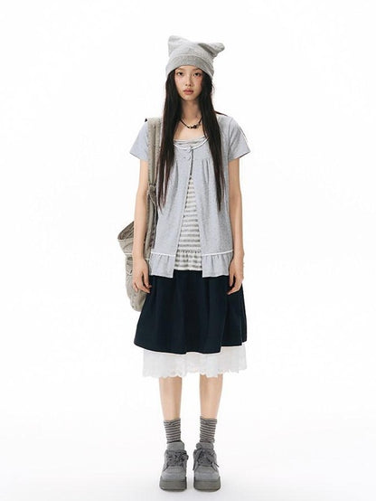 NAPSNAPS Gray Ruffle Spliced Faux Two Piece Women&