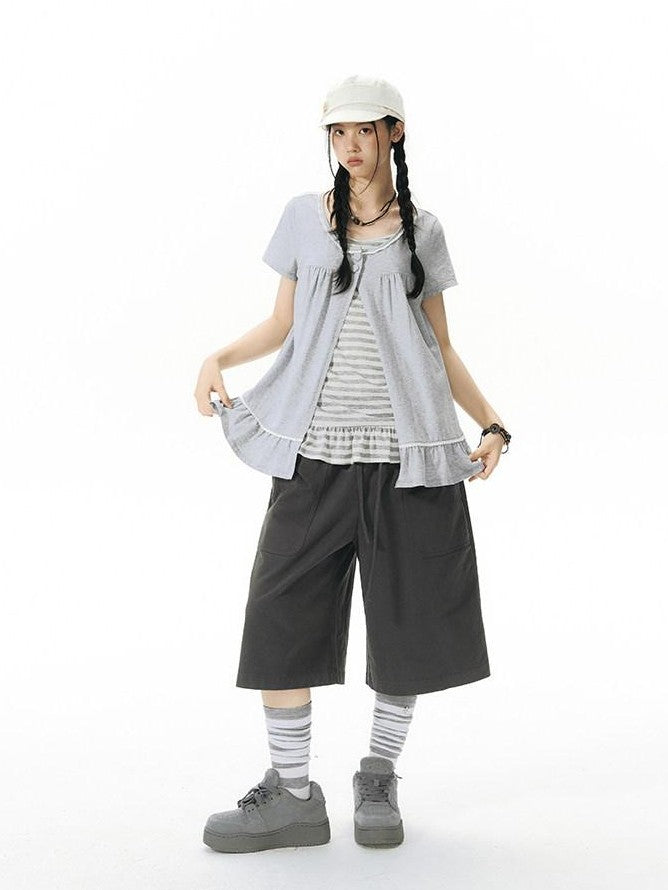 NAPSNAPS Gray Ruffle Spliced Faux Two Piece Women&