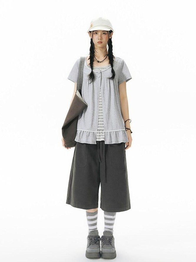 NAPSNAPS Gray Ruffle Spliced Faux Two Piece Women&