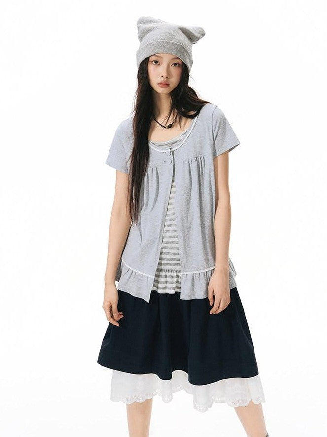 NAPSNAPS Gray Ruffle Spliced Faux Two Piece Women&